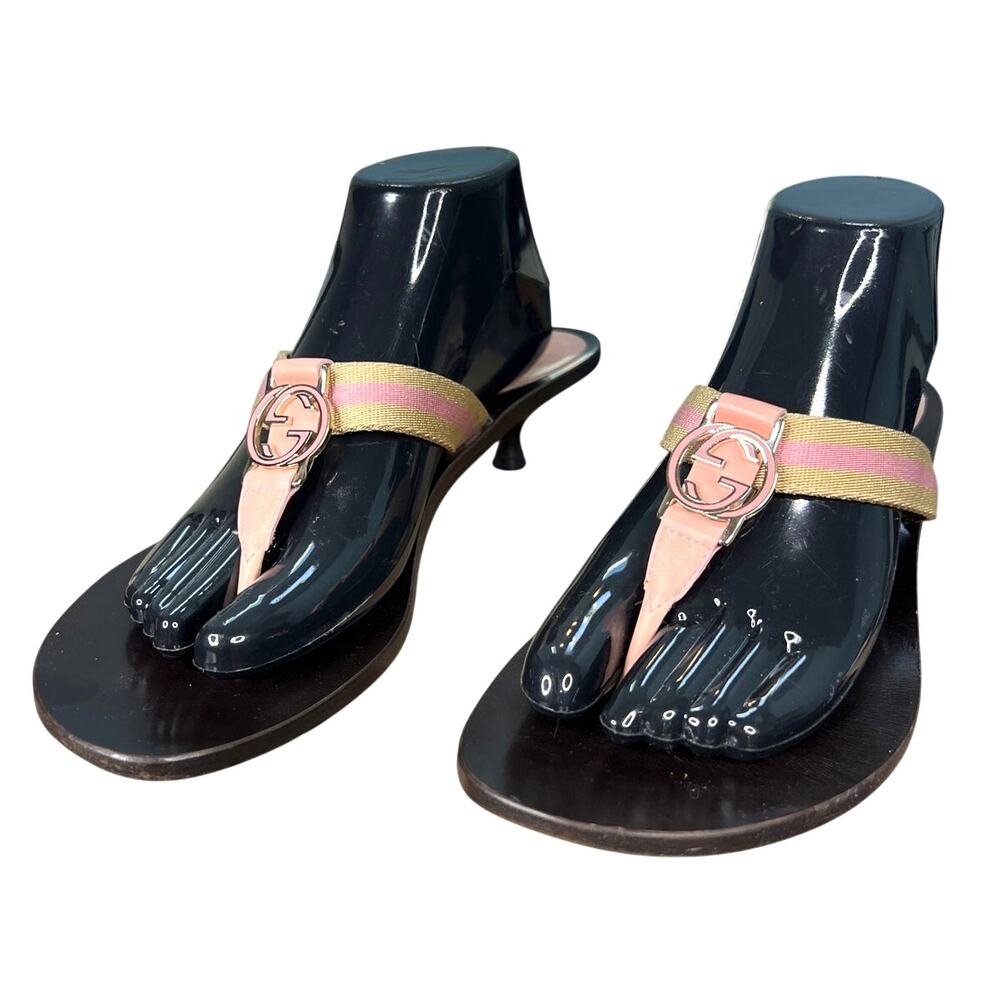 Vintage Gucci Interlocking Pink Canvas Thong Wooden Sandals Size 9.5 - Picture 6 of 12
